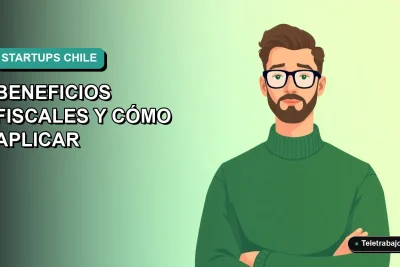 Ilustración plana corporativa de un hombre trabajando remoto con un fondo degradado azul verdoso, representando la innovación y los beneficios de la Ley de Startups en Chile.