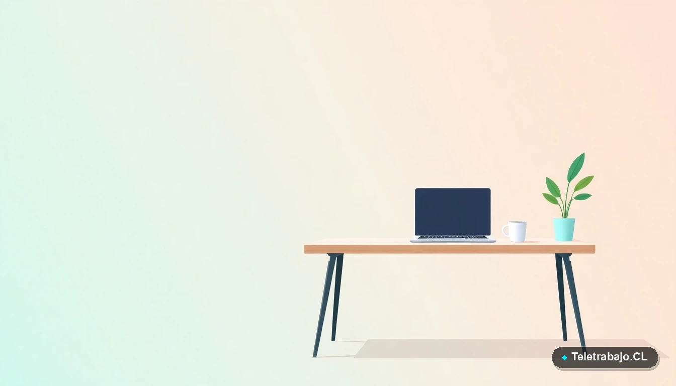 Escritorio moderno minimalista con laptop, taza de café y planta, sobre un fondo degradado de colores fríos, concepto de espacio de trabajo para startups en Chile.