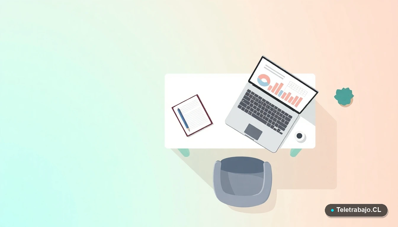 Vista superior de un escritorio moderno minimalista con laptop, cuaderno y planta, sobre fondo degradado frío. Representación abstracta de gestión de nómina y datos.