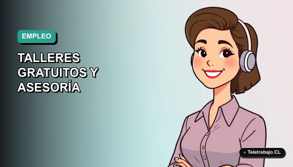 Ilustración vectorial plana de mujer profesional chilena sonriendo, fondo con gradiente suave de azul verdoso, concepto de empleo y talleres gratuitos.