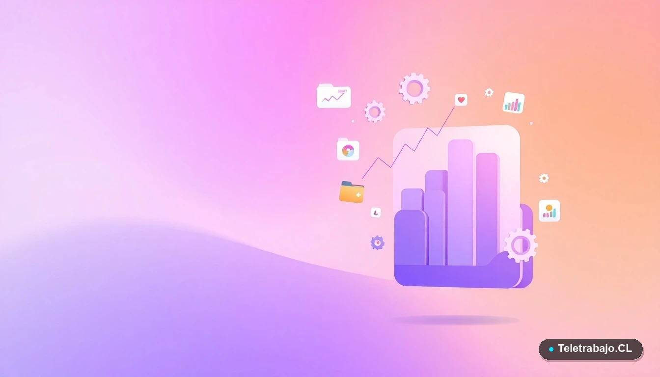 Composición abstracta de interfaz de usuario con gráficos, engranajes y carpetas flotantes, ilustración vectorial plana sobre fondo gradiente de lavanda y durazno, concepto de tecnología y empleo.