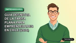 Ilustración vectorial plana de un emprendedor chileno sonriendo, con fondo degradado verde y espacio negativo, representando la guía de tarifa plana 2026.