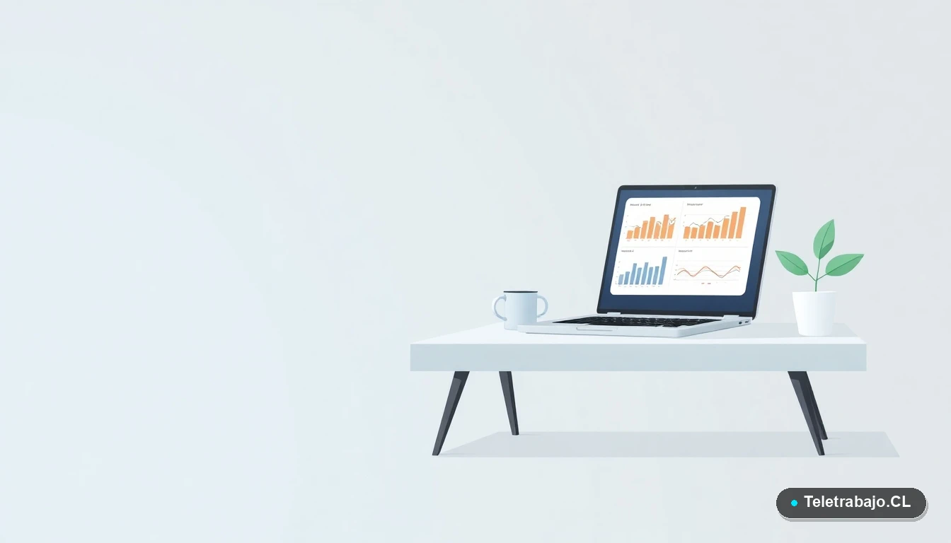 Escritorio moderno minimalista con laptop, gráficos abstractos y una planta, ilustración vectorial plana con fondo degradado teal, concepto de trabajo remoto para emprendedores.