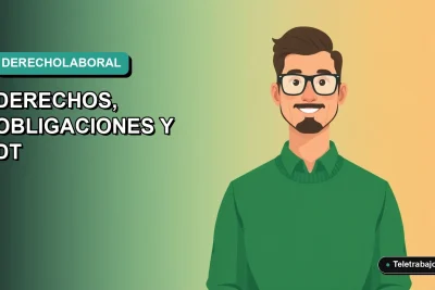 Ilustración vectorial plana de un trabajador remoto masculino con suéter verde, sobre un fondo degradado azul verdoso. Espacio negativo a la izquierda.