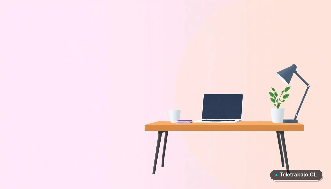 Ilustración de un escritorio moderno vacío con laptop, cuaderno y una planta, sobre un fondo degradado lila y durazno. Concepto de espacio de trabajo limpio.