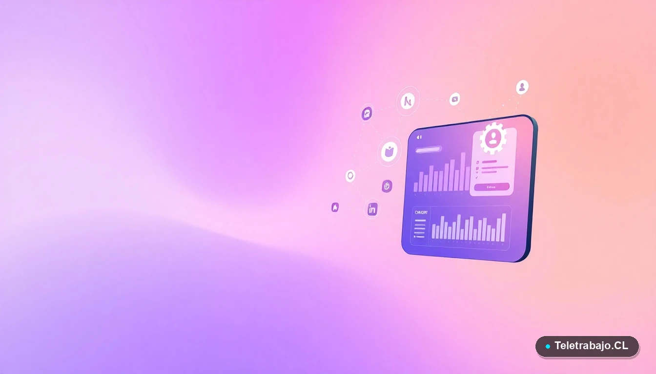 Elementos abstractos de interfaz de usuario tecnológica, con gráficos y engranajes flotantes, sobre un fondo degradado lila, representando estrategias y datos de liderazgo.