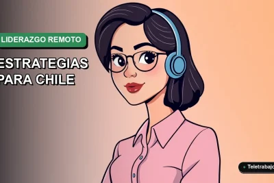Ilustración plana corporativa de una mujer profesional chilena trabajando de forma remota, con fondo degradado verde y azul.