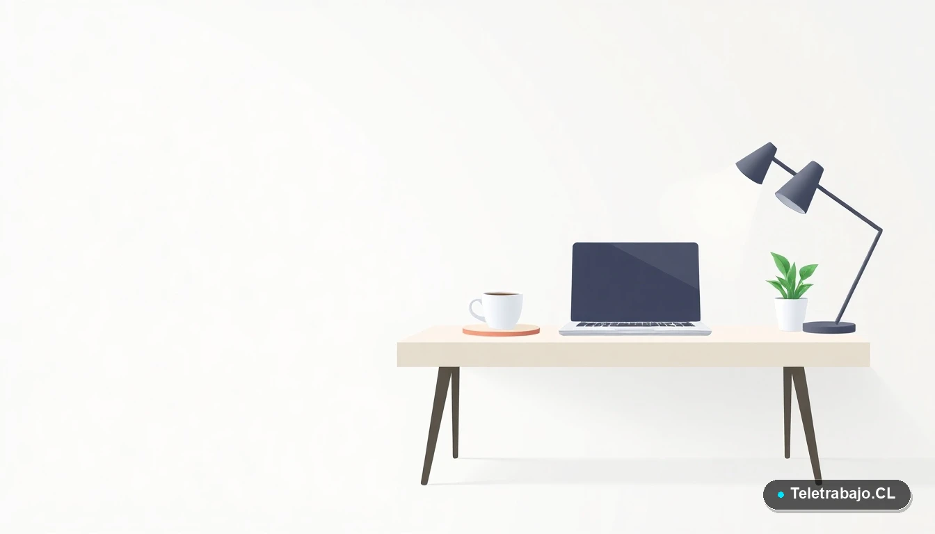 Escritorio moderno minimalista para teletrabajo con laptop, cuaderno, taza de café y planta, sobre fondo degradado frío.