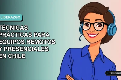 Ilustración vectorial plana de una mujer profesional chilena con blusa azul, sonriendo, sobre un fondo degradado suave de color aguamarina. Representa el liderazgo moderno para equipos híbridos.