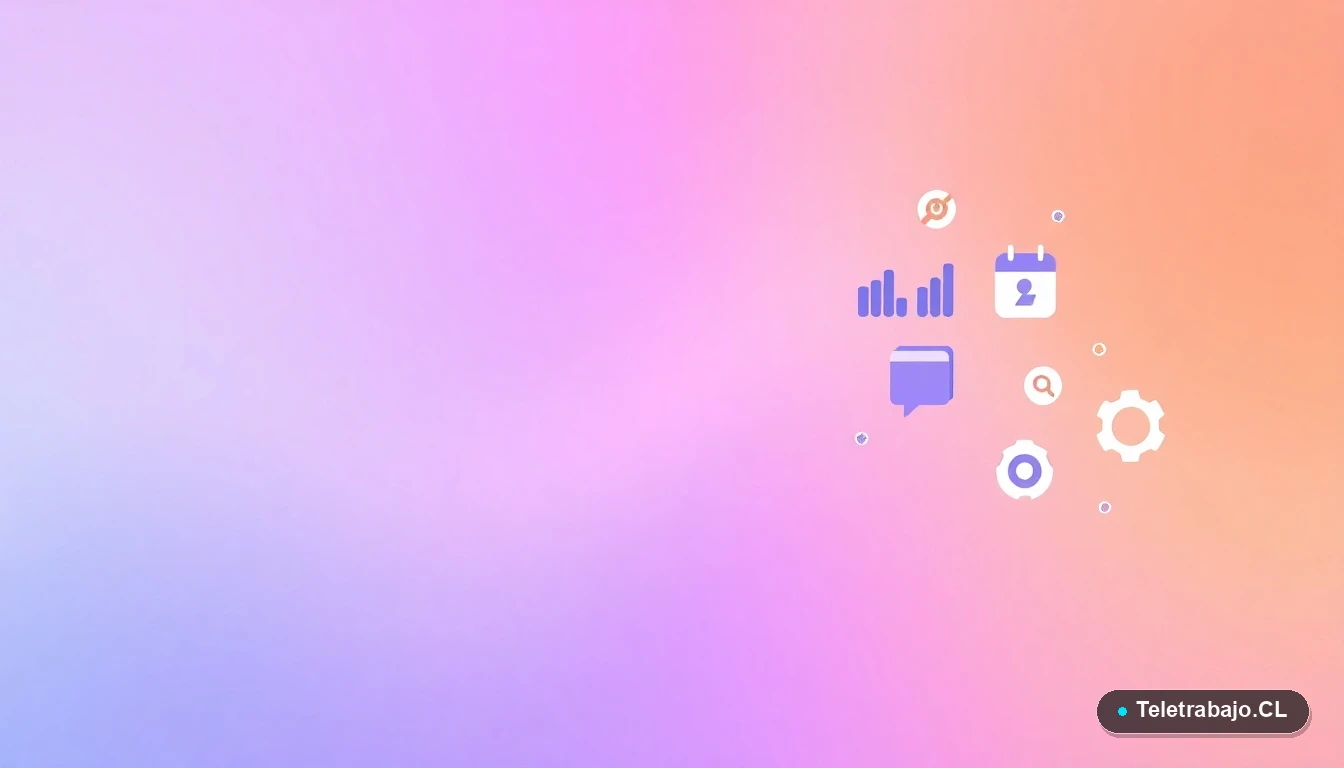 Interfaz de usuario abstracta con iconos vectoriales de gráficos, engranajes y calendarios, sobre fondo degradado lavanda, representando herramientas de gestión para líderes.