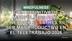 Guía de mindfulness para reducir el estrés y aumentar la productividad en el teletrabajo. Escritorio de home office moderno con laptop y plantas.