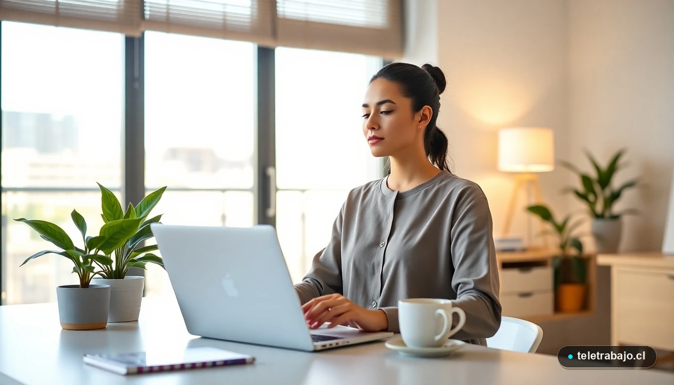 Profesional chileno practicando mindfulness en su espacio de teletrabajo para reducir el estrés y mejorar la productividad