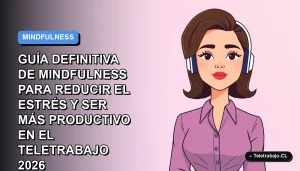 Ilustración plana vectorial de mujer profesional de teletrabajo con expresión tranquila, sobre fondo degradado azul y lila. Concepto de mindfulness y productividad.