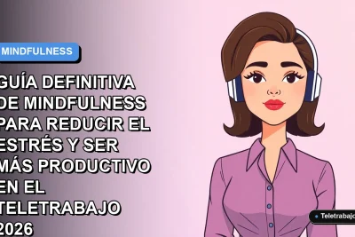 Ilustración plana vectorial de mujer profesional de teletrabajo con expresión tranquila, sobre fondo degradado azul y lila. Concepto de mindfulness y productividad.