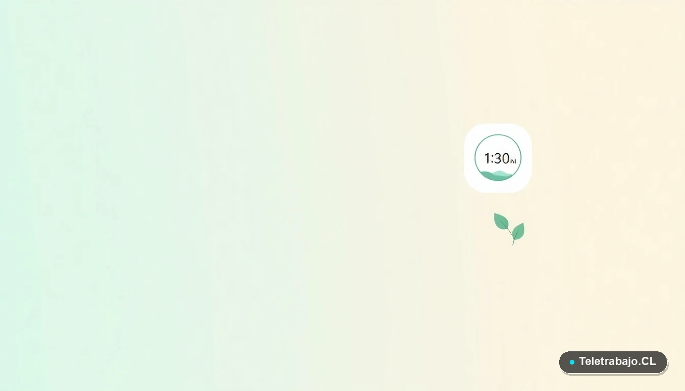 Ilustración abstracta de interfaz de usuario con iconos de reloj de meditación, gráfico y planta, sobre fondo degradado verde menta. Representa la calma y el control en el teletrabajo.