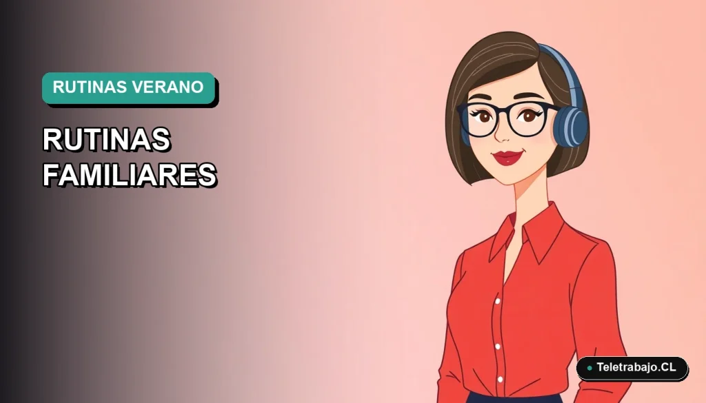 Ilustración vectorial plana y moderna en estilo Corporate Memphis de una mujer profesional teletrabajando con fondo degradado azul verdoso, representando la guía de rutinas de verano para niños y padres.