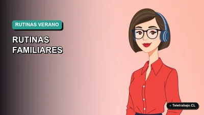 Ilustración vectorial plana y moderna en estilo Corporate Memphis de una mujer profesional teletrabajando con fondo degradado azul verdoso, representando la guía de rutinas de verano para niños y padres.