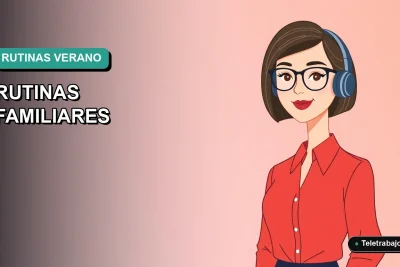 Ilustración vectorial plana y moderna en estilo Corporate Memphis de una mujer profesional teletrabajando con fondo degradado azul verdoso, representando la guía de rutinas de verano para niños y padres.