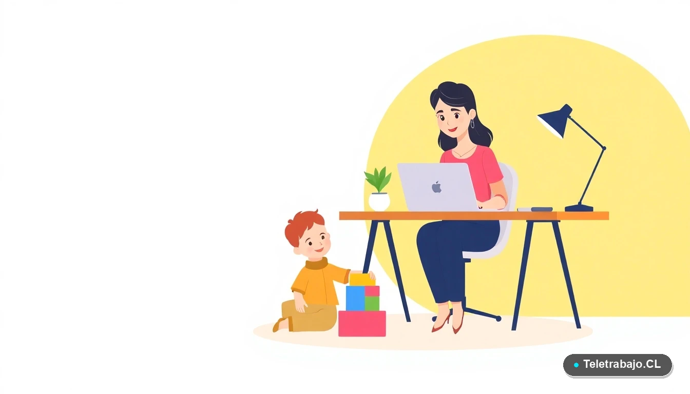 Madre teletrabajando en casa con su hijo pequeño jugando con bloques de colores en el suelo, ilustración plana moderna.