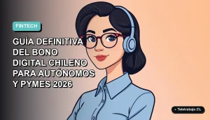 Ilustración plana vectorial de una mujer profesional chilena con blusa azul y lentes, sobre fondo degradado azul verdoso, representando el Bono Digital para autónomos y pymes.