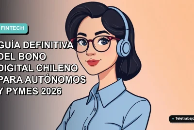 Ilustración plana vectorial de una mujer profesional chilena con blusa azul y lentes, sobre fondo degradado azul verdoso, representando el Bono Digital para autónomos y pymes.
