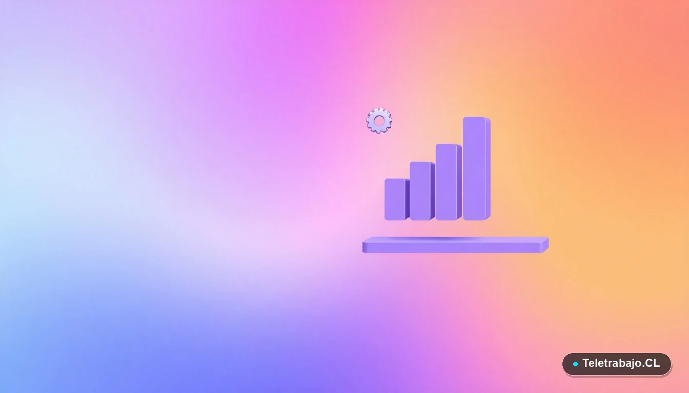 Composición abstracta de interfaz de usuario tecnológica con gráficos, engranajes y carpetas flotantes sobre un fondo degradado melocotón y lila.