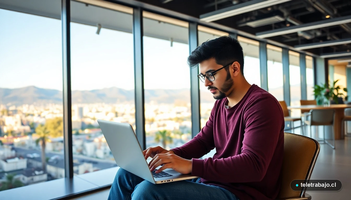 Profesional chileno trabajando como nómada digital desde un espacio de coworking con vista panorámica, representando el teletrabajo y los viajes en 2026.