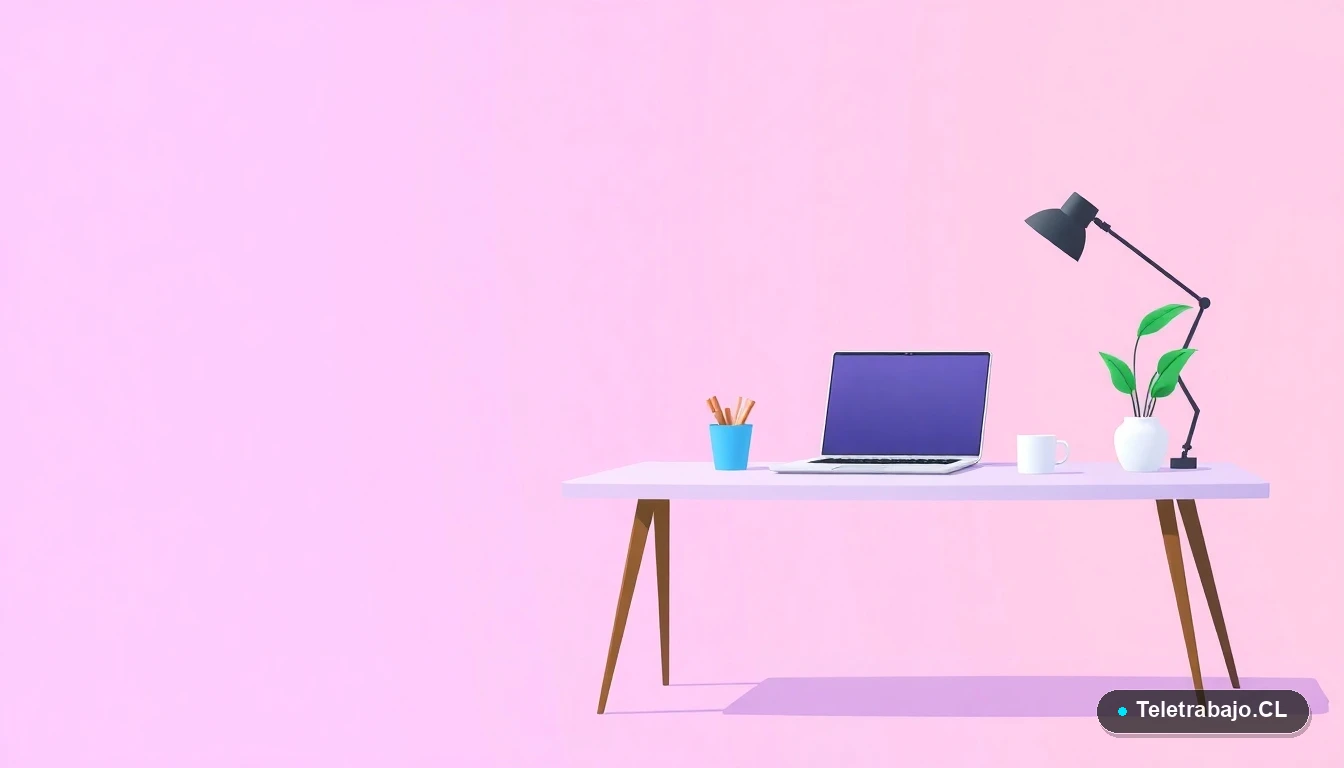 Escritorio moderno minimalista para nómada digital con laptop, taza de café y planta, ilustración plana con fondo degradado lila.