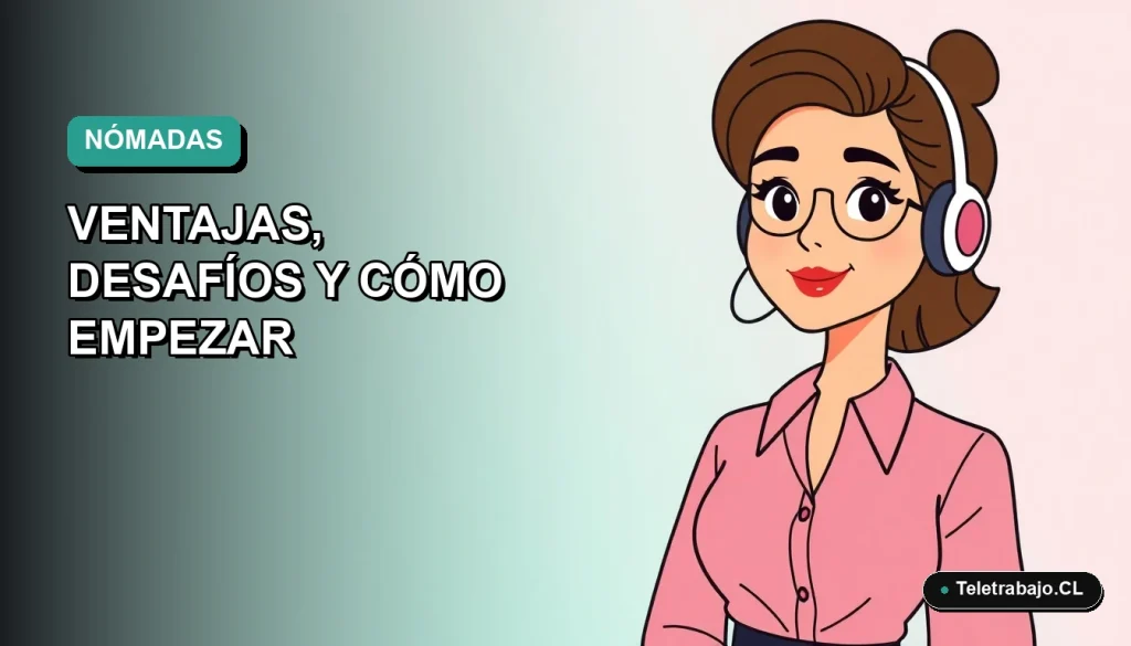 Ilustración plana de mujer profesional de teletrabajo sonriendo, con fondo degradado azul verdoso, para guía de nómada digital en Chile.