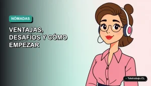 Ilustración plana de mujer profesional de teletrabajo sonriendo, con fondo degradado azul verdoso, para guía de nómada digital en Chile.