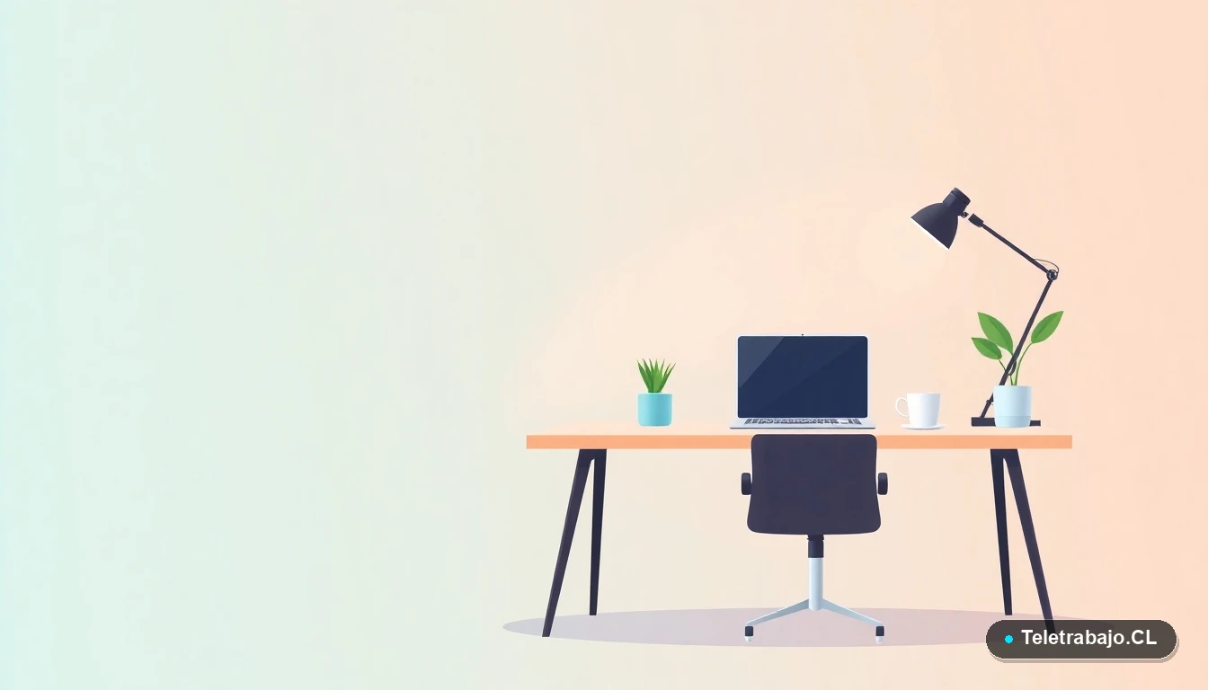 Escritorio moderno minimalista para nómada digital con laptop, café y planta, ilustración plana con fondo degradado, concepto de teletrabajo.