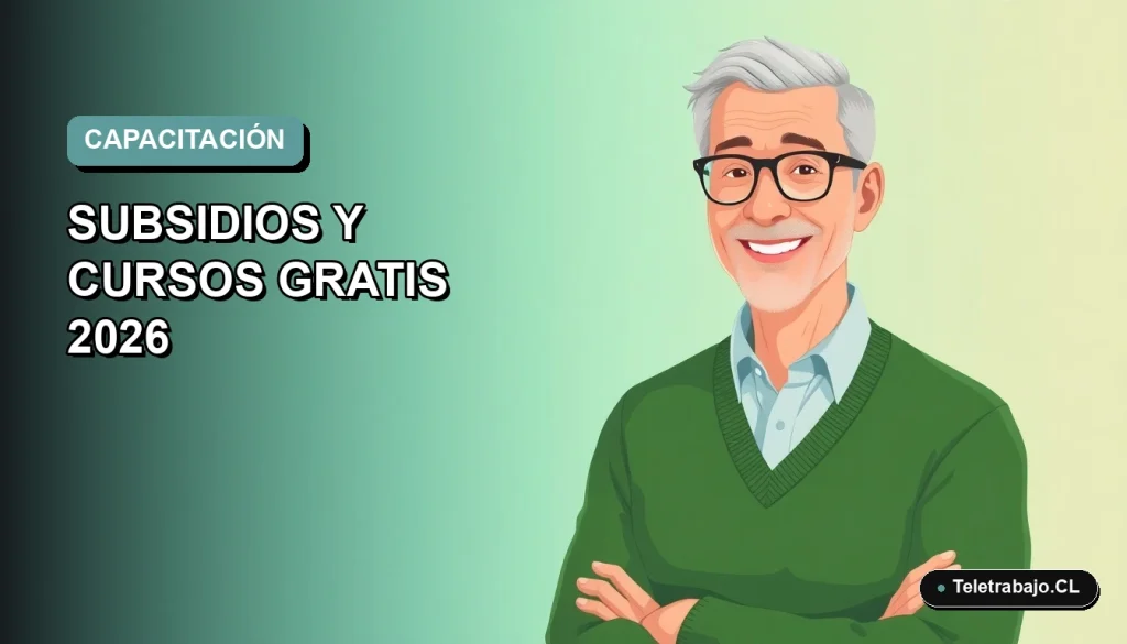 Ilustración plana vectorial de un hombre mayor trabajador remoto, con fondo degradado azul verdoso, para el programa Activa Mayores SENCE 2026.