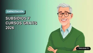 Ilustración plana vectorial de un hombre mayor trabajador remoto, con fondo degradado azul verdoso, para el programa Activa Mayores SENCE 2026.