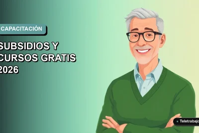 Ilustración plana vectorial de un hombre mayor trabajador remoto, con fondo degradado azul verdoso, para el programa Activa Mayores SENCE 2026.