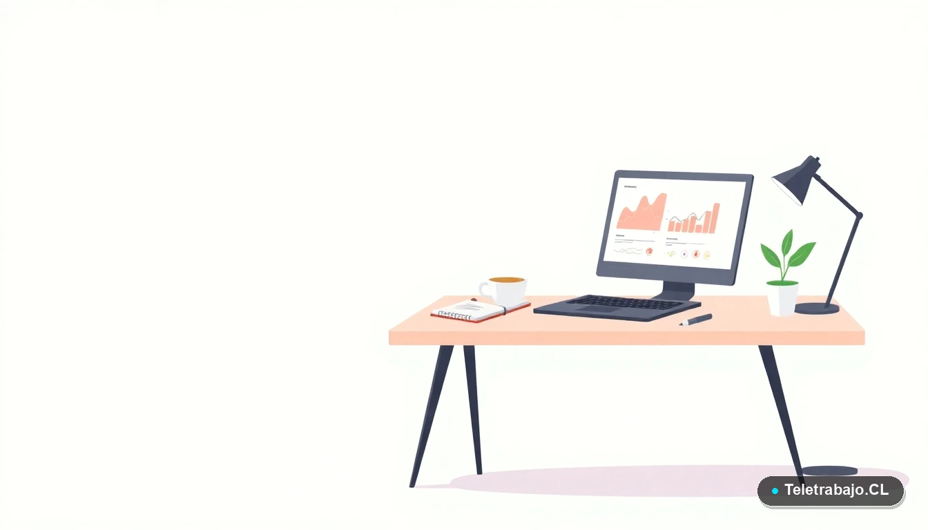 Escritorio moderno minimalista con laptop, cuaderno y planta, ilustración plana para artículo sobre capacitación del programa Activa Mayores SENCE.