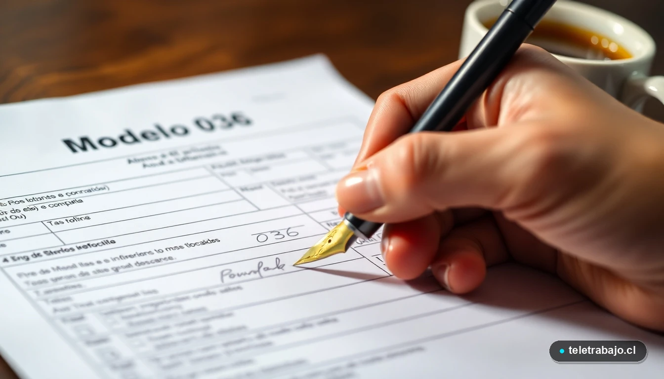 Mano firmando el modelo oficial 036 de alta de autónomo con un bolígrafo estilográfico, detalle de trámite administrativo.