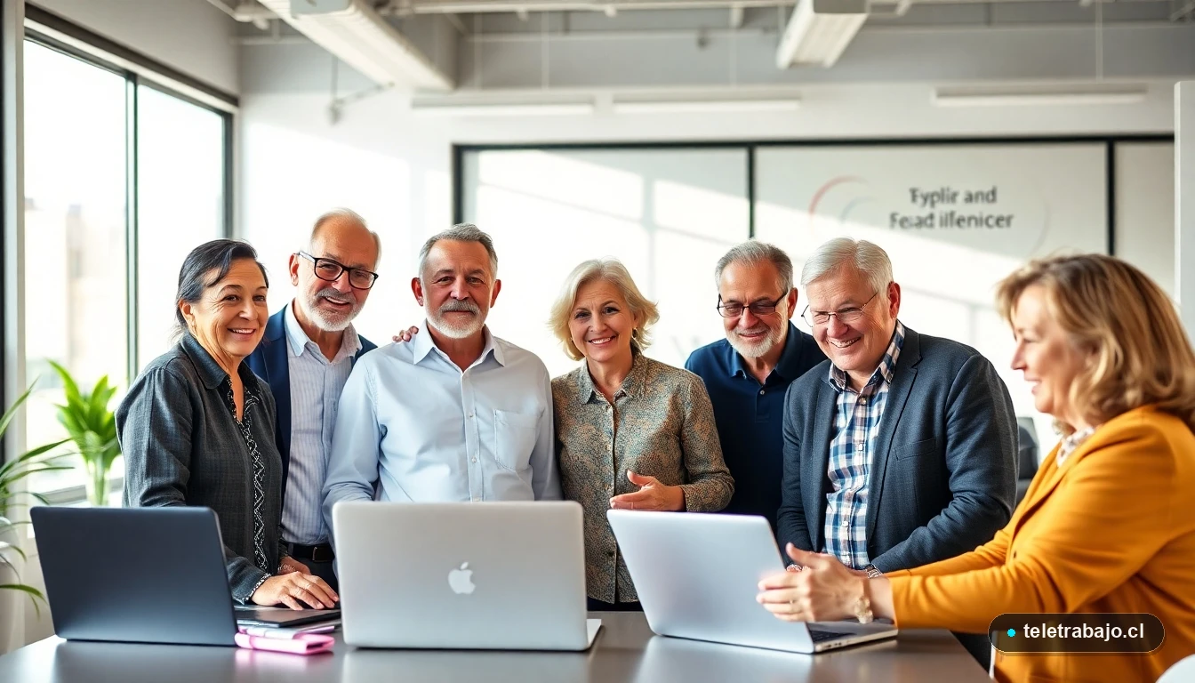 Profesionales senior chilenos colaborando en una oficina moderna, representando talento y experiencia en el mercado laboral 2026
