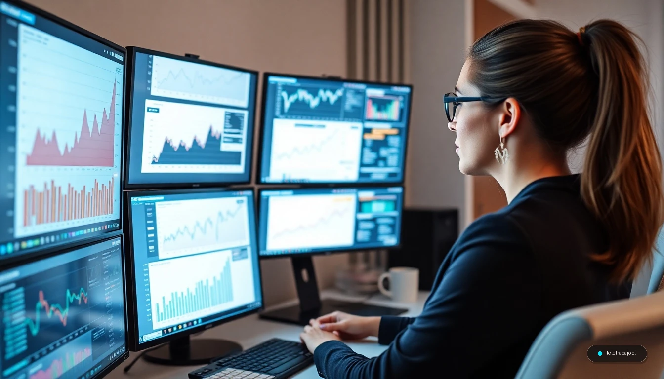 Mujer profesional investigando tendencias del mercado laboral en pantallas digitales modernas