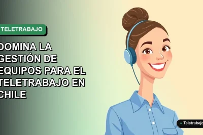 Ilustración plana corporativa de una mujer profesional chilena con blusa azul y pelo recogido, sonriendo, sobre fondo degradado verde suave. Representa el teletrabajo y la gestión de equipos remotos.
