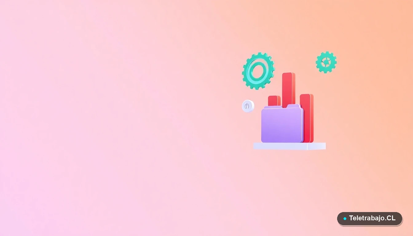 Elementos de interfaz de usuario abstractos y coloridos, como gráficos y engranajes, en estilo de ilustración vectorial plana, sobre fondo degradado lavanda y durazno. Representa herramientas digitales para la gestión del teletrabajo.