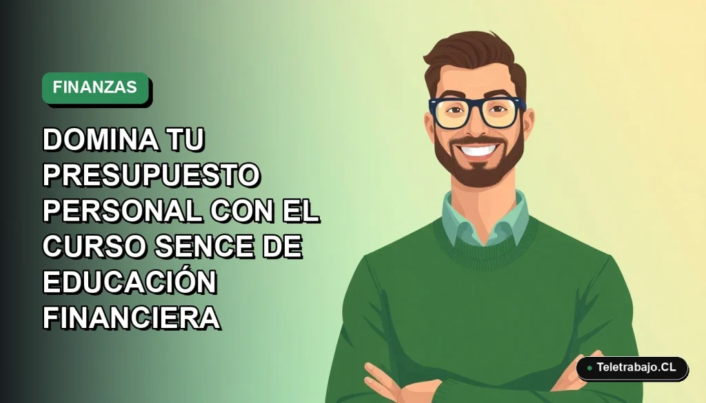Ilustración vectorial plana de un hombre trabajador remoto con suéter verde, sonriendo, sobre un fondo degradado azul y verde. Curso SENCE de educación financiera.