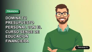Ilustración vectorial plana de un hombre trabajador remoto con suéter verde, sonriendo, sobre un fondo degradado azul y verde. Curso SENCE de educación financiera.
