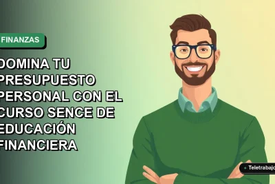 Ilustración vectorial plana de un hombre trabajador remoto con suéter verde, sonriendo, sobre un fondo degradado azul y verde. Curso SENCE de educación financiera.