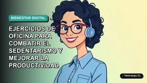Ilustración plana vectorial de una mujer profesional de teletrabajo con blusa azul, sonriendo, sobre fondo degradado verde azulado. Espacio negativo a la izquierda.