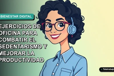 Ilustración plana vectorial de una mujer profesional de teletrabajo con blusa azul, sonriendo, sobre fondo degradado verde azulado. Espacio negativo a la izquierda.
