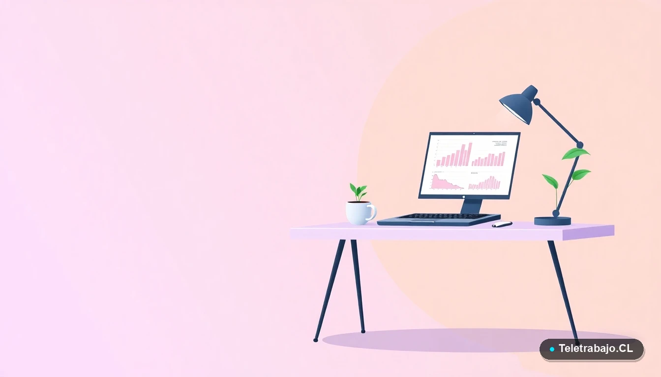 Ilustración de un escritorio moderno de oficina en casa con laptop, planta y taza de café, sobre fondo degradado lavanda y durazno. Concepto de espacio de trabajo ergonómico.