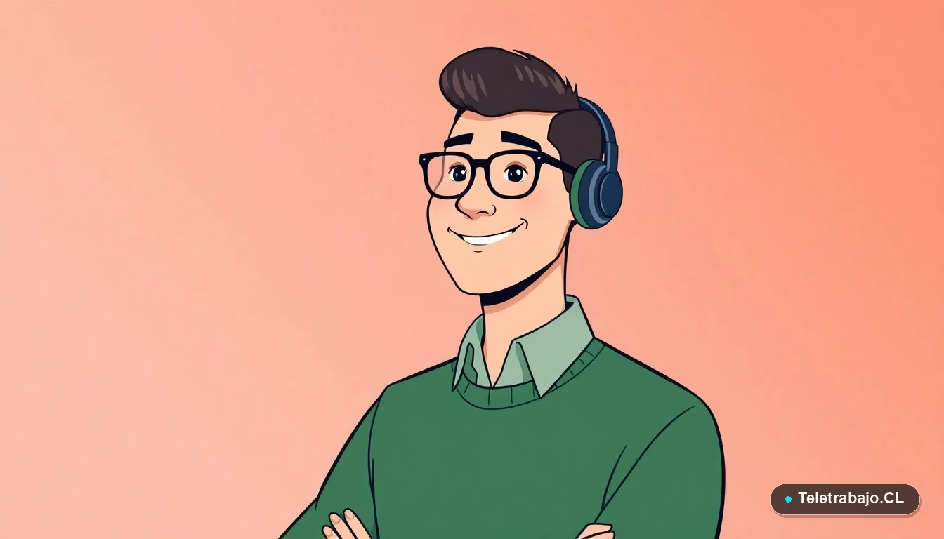 Ilustración vectorial de un hombre teletrabajador sonriendo, con gafas y suéter verde, sobre un fondo degradado coral. Representación de bienestar laboral remoto en estilo corporativo moderno.