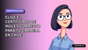 Ilustración plana de mujer profesional chilena con blusa azul y corte bob, sobre fondo degradado lavanda, para guía de certificados de inglés 2026.