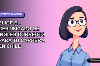 Ilustración plana de mujer profesional chilena con blusa azul y corte bob, sobre fondo degradado lavanda, para guía de certificados de inglés 2026.