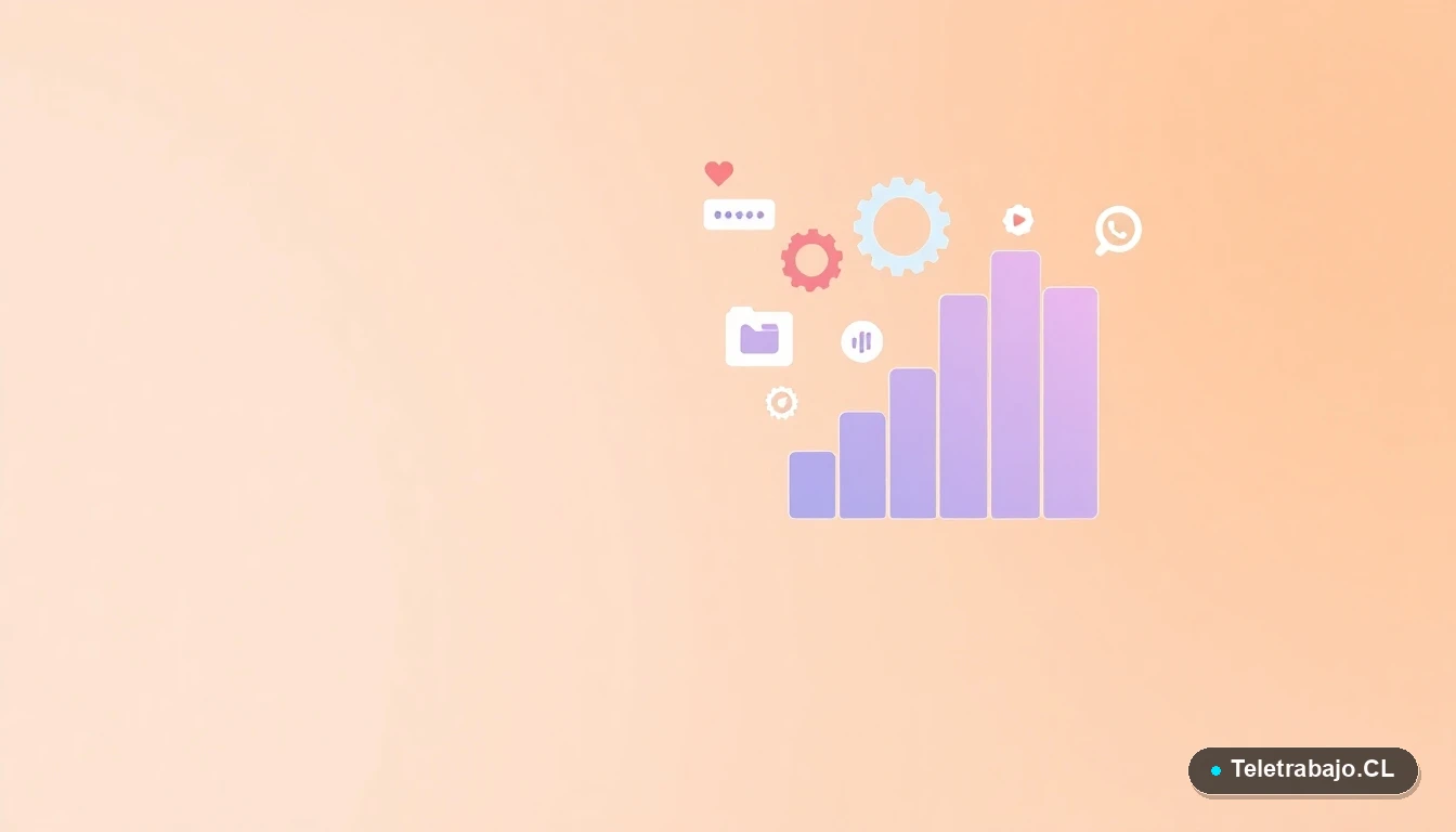 Composición abstracta de elementos de UI tecnológica con gráficos y engranajes flotantes, sobre fondo degradado melocotón, para artículo sobre certificación de inglés.